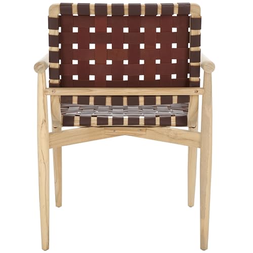 SAFAVIEH Home Collection Dionne Natural Sungkai Solid Wood/Cognac Brown Leather Woven Accent Chair (Fully Assembled)