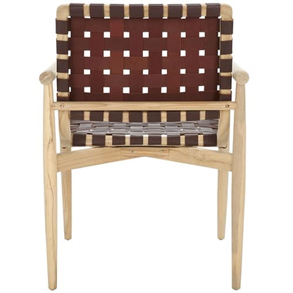 SAFAVIEH Home Collection Dionne Natural Sungkai Solid Wood/Cognac Brown Leather Woven Accent Chair (Fully Assembled)