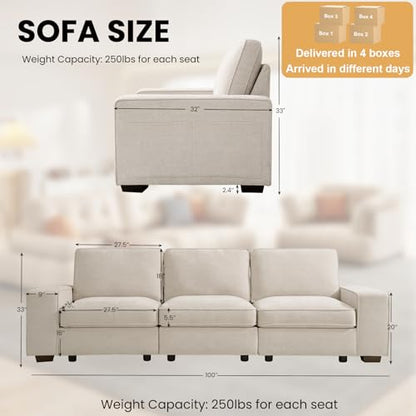 100" Modular Sofa with Seats Storage, Comfy 3-Seater Chenille Fabric Couch for Living Room, Office, Apart W/Deep Seat, Wide Arms, Side Pockets, USB, Removable Covers, Upholstered Couch/Beige