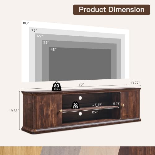 Modern 70" TV Stand w/Storage, Wood Curved TV Console, Brown, view 3