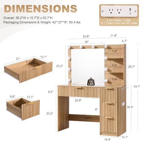 36" Fluted Vanity Desk with Mirror, Adjustable LED, 4 Drawer, Oak, view 3