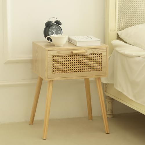 Rattan Nightstand, Bedside Table with Rattan Drawer, Wood End Table with Storage and Solid Wood Legs for Bedroom Living Room Small Space (Walnut)