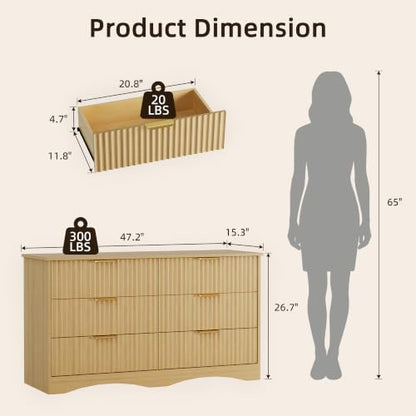 Bedroom Dresser, 47.2" Fluted Wood Dressers, 6 Drawer Dresser, view 3