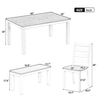 Modern 6 Piece Dining Table Set for 6, Farmhouse Wooden Rectangular Kitchen Table Set with 4 Chairs & a Bench, Kitchen Room Furniture Set (Walnut + Cottage White)