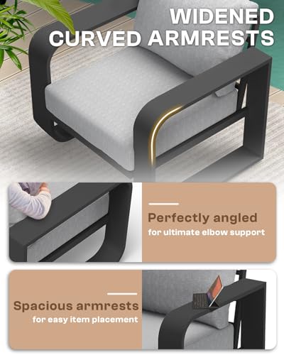 Oversized Aluminum Outdoor Furniture Set, Extra Large Patio Furniture Sofa Set 4.8” Widened Armrest & Ultra-Thick Cushions, 5 Pcs Modern Patio Sectional for Backyard, Porch, Gray