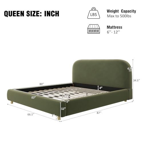 Queen Velvet Fabric Platform Bed with Curved Headboard, Olive Green, view 3