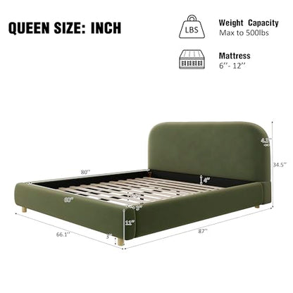 Queen Velvet Fabric Platform Bed with Curved Headboard, Olive Green, view 3