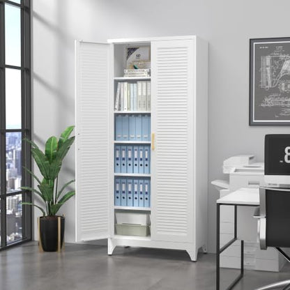 Kitchen Pantry Cabinet,75" Metal Storage Cabinet with Doors and 5 Adjustable Shelves,White Tall Locker Organizer Steel Garage Cabinets for Tool,File Cabinet for Office,Kitchen,Garage,School