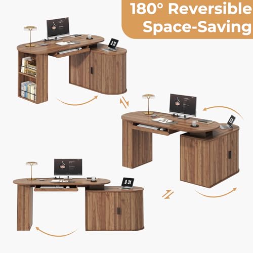 Office L Shaped Computer Desk with Storage Cabinet, Reversible Corner L Desks with Keyboard Tray and Open Shelf, Home Office Executive Desk with Power Outlet for Study Workstation, Walnut 60 Inch