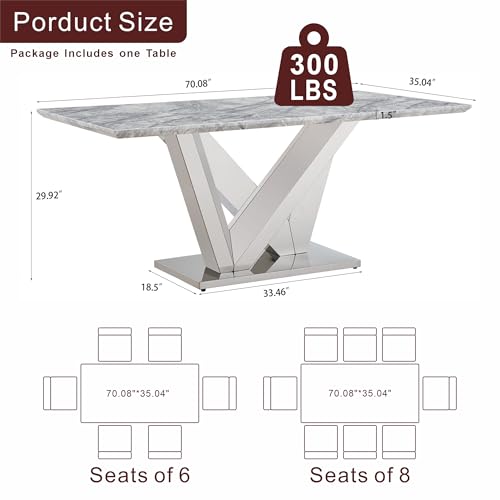 Marble Dining Table for 6 People, 70'' Rectangle Faux Marble Dining Table with Mirrored Stainless Steel Base, Large Size Marble Kitchen Table (Silver,Grey)(ONLY Table)