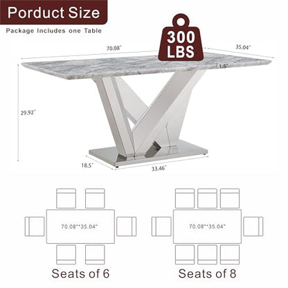 Marble Dining Table for 6 People, 70'' Rectangle Faux Marble Dining Table with Mirrored Stainless Steel Base, Large Size Marble Kitchen Table (Silver,Grey)(ONLY Table)