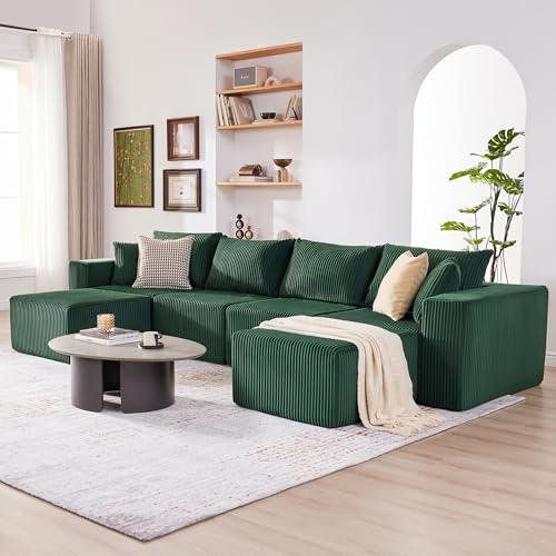 Cloud Couch Sectional, Modular Sofa with Deep Seat, Plush Corduroy U Shaped Boneless Couch, Convertible Sectional Couches for Living Room (Green, 4 Seater & 2 Ottomans)