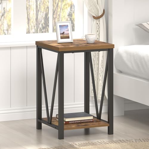 End Table, Square Side Tables for Living Room, Industrial Metal and Wood Nightstand for Bedroom, Rustic Brown
