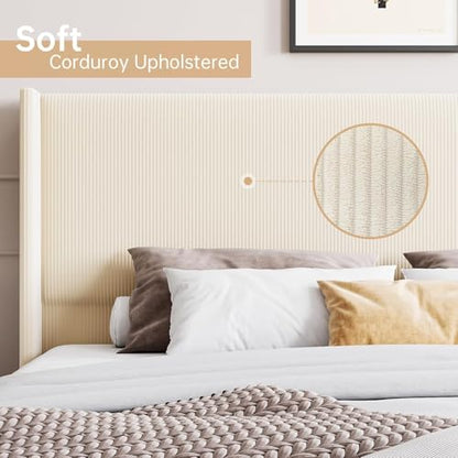 Upholstered King Size Bed Frame with Headboard, Beige, view 5