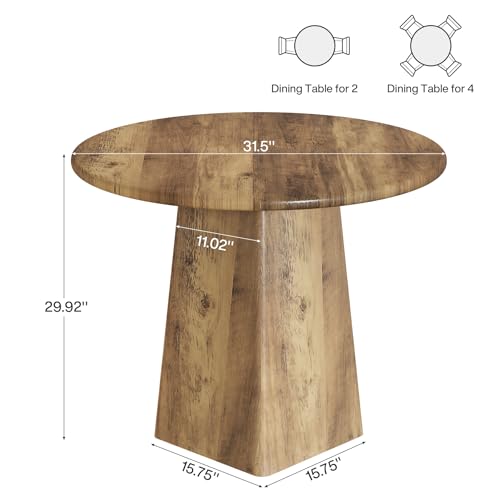 Tribesigns 31.5-Inch Round Dining Room Table for 2-4, Farmhouse Small Kitchen Dinner Table with Square Base for Dining Room Living Room, Rustic Brown