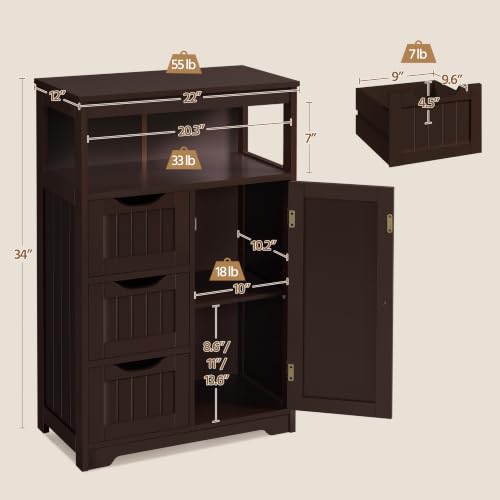 Yaheetech Wood Bathroom Floor Cabinet with 3 Drawers &1 Cupboard, Free Standing Storage Organizer Hallway Entryway Cabinet for Living Room Kitchen, Espresso