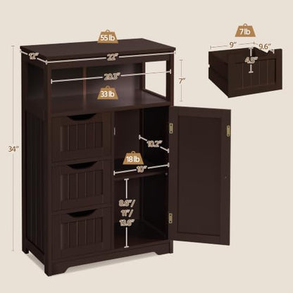 Yaheetech Wood Bathroom Floor Cabinet with 3 Drawers &1 Cupboard, Free Standing Storage Organizer Hallway Entryway Cabinet for Living Room Kitchen, Espresso