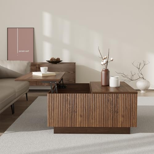 Lift Top Coffee Table, Farmhouse Square Fluted Center Table, 31" Modern Wooden Tea Table with Hidden Storage for Living Room, Apartment, Small Spaces, Brown Walnut