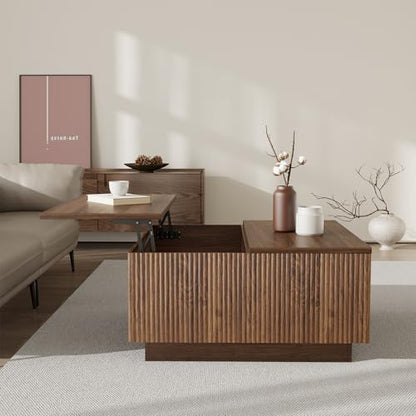 Lift Top Coffee Table, Farmhouse Square Fluted Center Table, 31" Modern Wooden Tea Table with Hidden Storage for Living Room, Apartment, Small Spaces, Brown Walnut