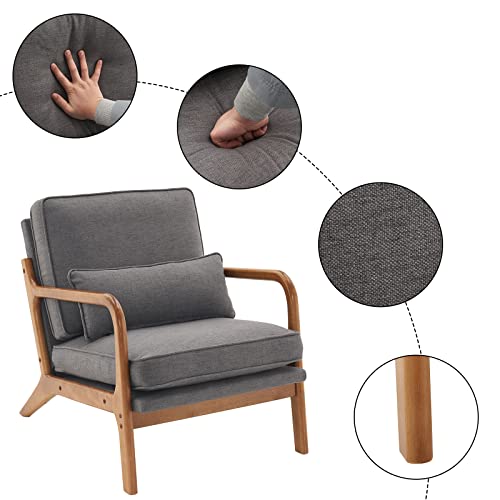 Accent Chair Mid-Century Modern Chair with Pillow Linen Fabric Upholstered Lounge Arm Chair with Solid Wood Frame & Soft Cushion for Living Room, Bedroom, Balcony, Gray