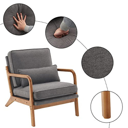 Accent Chair Mid-Century Modern Chair with Pillow Linen Fabric Upholstered Lounge Arm Chair with Solid Wood Frame & Soft Cushion for Living Room, Bedroom, Balcony, Gray