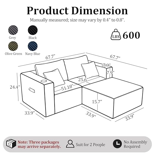 67'' L-Shaped Cloud Modular Sectional Sofa, Modern Corduroy Memory Foam Couch with Cup Holders, Upholstered Boneless Deep Seat Fluffy Loveseat with Ottoman, No Assembly Needed, for Home, Black