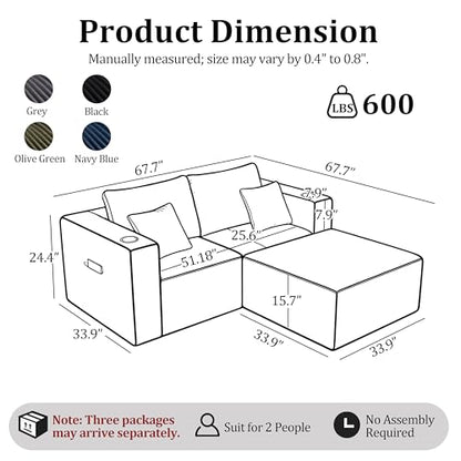 67'' L-Shaped Cloud Modular Sectional Sofa, Modern Corduroy Memory Foam Couch with Cup Holders, Upholstered Boneless Deep Seat Fluffy Loveseat with Ottoman, No Assembly Needed, for Home, Black