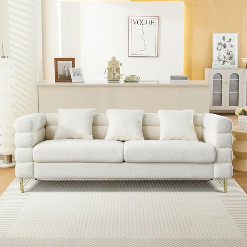 Luxury Teddy Sofa Set for Living Room, Modern Decor Furniture Sectional Sofa, 3 Seater Couch and Loveseat with 5 Pillows for Apartment, Office, Hall (White)