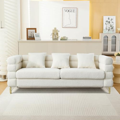 Luxury Teddy Sofa Set for Living Room, Modern Decor Furniture Sectional Sofa, 3 Seater Couch and Loveseat with 5 Pillows for Apartment, Office, Hall (White)