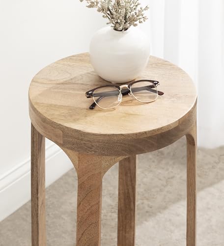 Dahl Wooden Round Drink Table; 12 x 23; Natural Brown; Transitional Boho Circle Wood Accent Pedestal Table for Living Room Plant Stand or Small Bedroom Nightstand