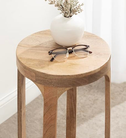 Dahl Wooden Round Drink Table; 12 x 23; Natural Brown; Transitional Boho Circle Wood Accent Pedestal Table for Living Room Plant Stand or Small Bedroom Nightstand