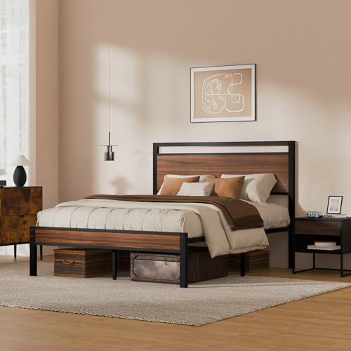 Queen Metal Bed Frame&Wooden Headboard&Footboard,No Box Spring,Walnut, view 5