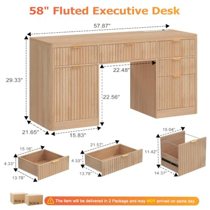 58" Fluted Executive Desk, Wood Home Office Desk (Natural), view 3