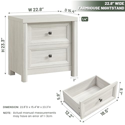 White Night Stand with Drawers, Rustic Washed White Nightstand, Farmhouse Bed Side Table for Bedroom, Bedside End Table for Living Room, Bedroom Furniture, Large Storage Wood Nightstand