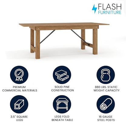 Hercules Series 7' x 40" Rustic Solid Pine Folding Dining Table, Rectangular Antique Farmhouse Dining and Event Extension Table