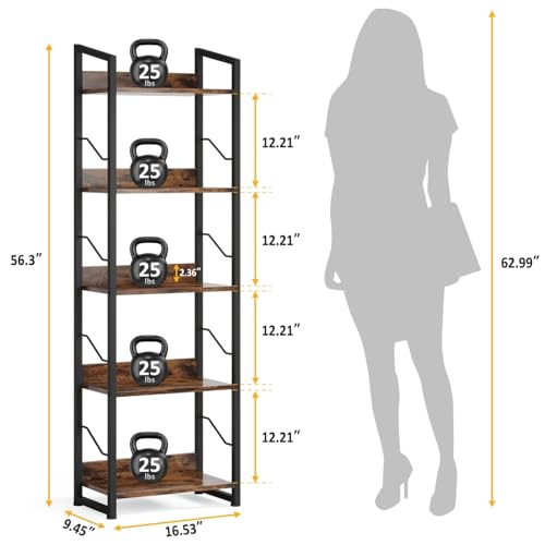 5 Tier Tall Bookshelf: Industrial Wood Book Shelf with Edge Protection Metal Narrow Bookshelf Bookcase Storage Organizer Display Rack for Living Room Home Office (Rustic Brown)