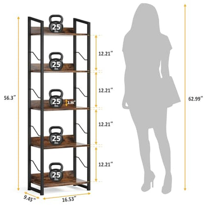 5 Tier Tall Bookshelf: Industrial Wood Book Shelf with Edge Protection Metal Narrow Bookshelf Bookcase Storage Organizer Display Rack for Living Room Home Office (Rustic Brown)