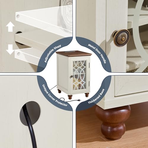 Narrow Side Table with Charging Station, Night Stand with Glass Door, Bedside End Tables with Adjustable Shelf Storage Cabinet,Wood Nightstand for Small Spaces Living Room Bedroom