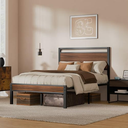 Full Metal Bed Frame&Wooden Headboard&Footboard,No Box Spring,Walnut, view 4