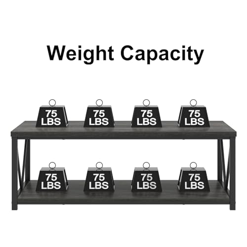 Industrial Coffee Table with Storage Shelf, Modern Rustic Wooden and Metal Rectangle Center Table for Living Room, Dark Gray, 47 Inch