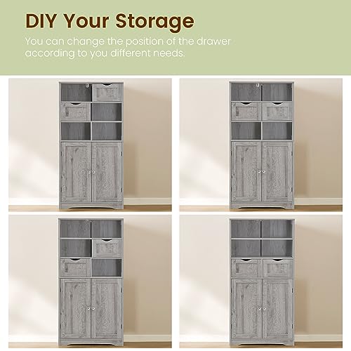 Storage Cabinet with 2 Drawers & Adjustable Shelf, Tall Bathroom Cabinet with Doors, Cupboard, Kitchen Cabinets for Living Room, Dining Room, Entryway, Grey