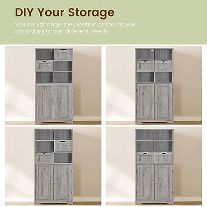 Storage Cabinet with 2 Drawers & Adjustable Shelf, Tall Bathroom Cabinet with Doors, Cupboard, Kitchen Cabinets for Living Room, Dining Room, Entryway, Grey