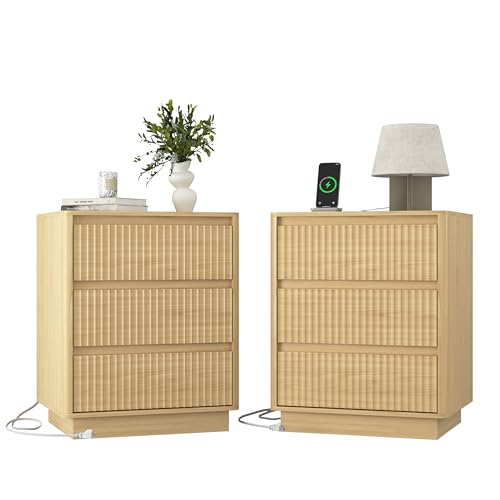 (Set of 2) End Table with Fast USB C Charging Station, Sofa Side Table with 3Drawers, Large Storage Modern Wood Storage Cabinet for Living Room,Bedroom,Office, Natura