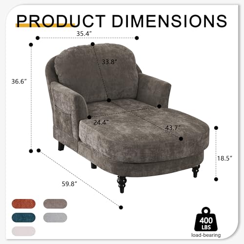 59.8” Chaise Lounge Chair Indoor, Oversized Reading Armchair, Brown, view 3