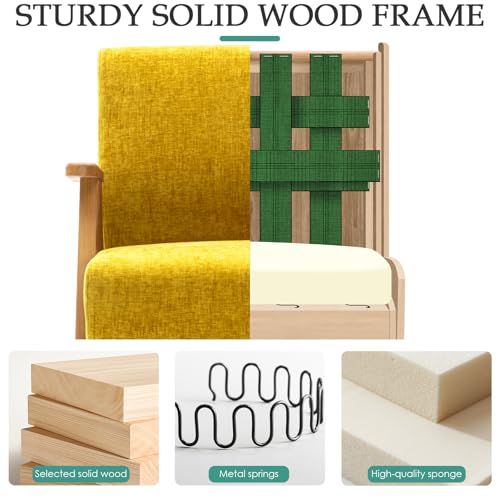 Home Accent Chair Mid Century Modern Accent Chair with Wood Frame, Lounge Upholstered Armchair, Reading Chair, Sturdy Base,For Living Room, Bedroom,Office,Comfy Guest Waiting Room Chairs,Yellow