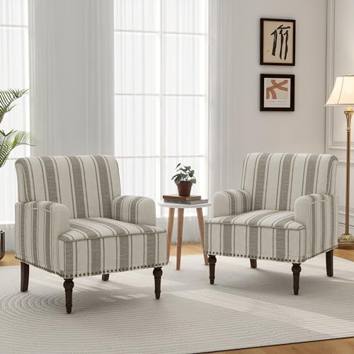 Accent Chair, Mid Century Modern Comfy Armchair for Living Room, Linen Fabric Single Sofa Lounge for Reading Bedroom Apartment Waiting Room with Wood Legs (Brown Stripe, Set of 1)