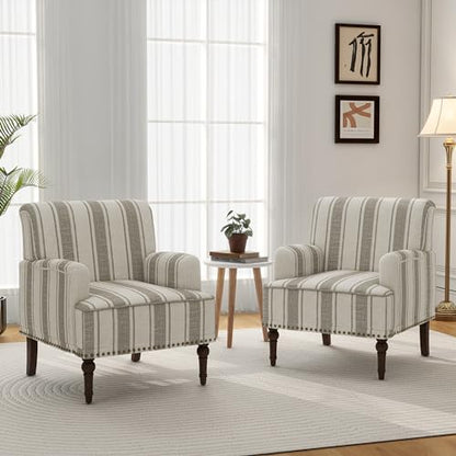 Accent Chair, Mid Century Modern Comfy Armchair for Living Room, Linen Fabric Single Sofa Lounge for Reading Bedroom Apartment Waiting Room with Wood Legs (Brown Stripe, Set of 1)