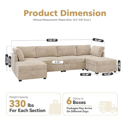 Large 6 Seat Modular Sectional Couch with Ottoman Seat Corduroy Sleeper Sectional Sofa Bed Oversized Convertible Modular Couch for Living Room