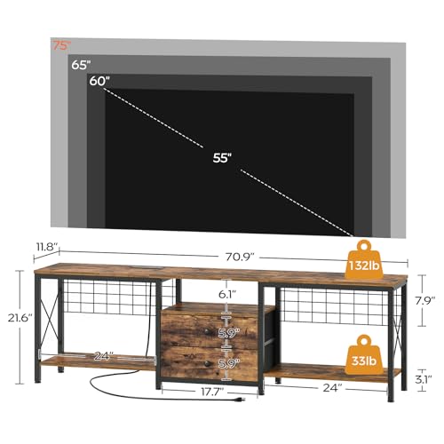 TV Stand with Power Outlet Up to 75 Inch, Entertainment Center with 2 Fabric Drawers, TV Console Table with Open Storage Shelves for TVs, Cable Management, for Living Room, Bedroom, DS18UBRY1