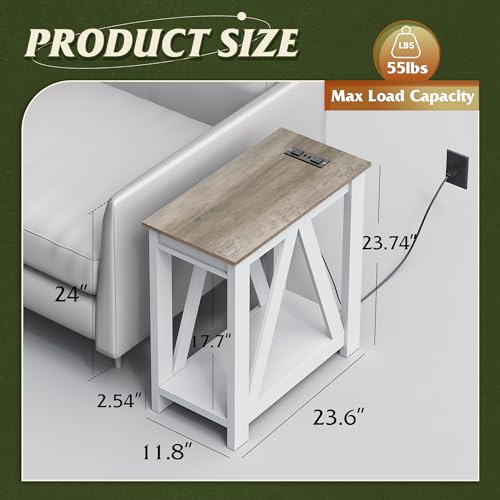 Farmhouse End Table, Narrow Side Table with Charging Station, Slim End Table, Side Table for Bedroom, Living Room, Small Spaces, 2 USB and 2 Power Outlets, 11.8" D x 23.6" W x 23.74" H